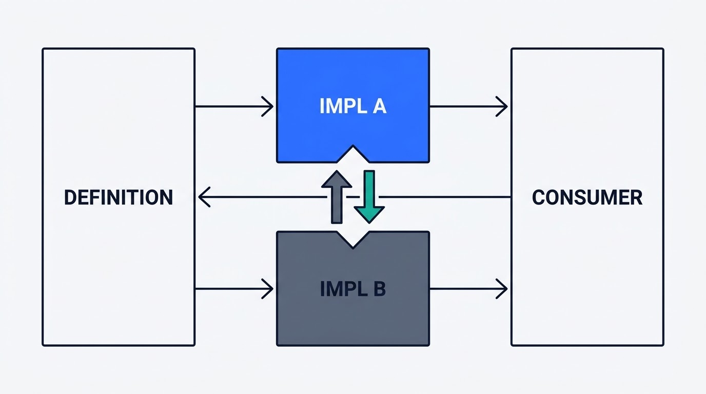 Capability seam diagram: a service definition, two interchangeable implementations, and a consumer that points only at the definition