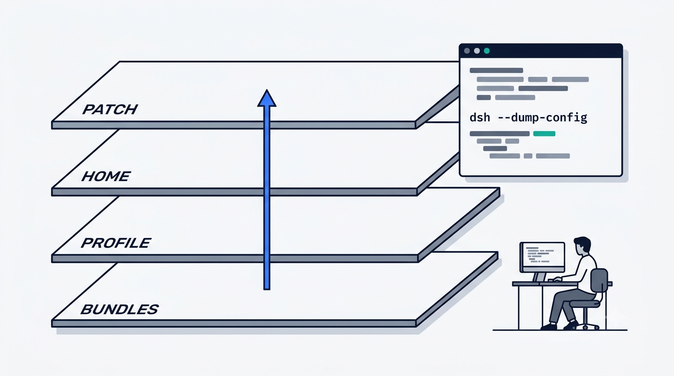 Four stacked configuration layers — bundles, profile, home and patch — resolving into the output of the dsh dump-config command