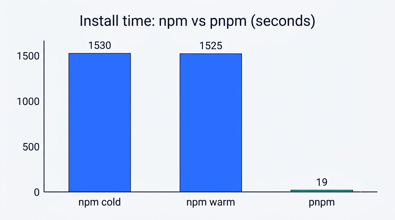 Bar chart comparing install time of npm cold, npm warm cache and pnpm