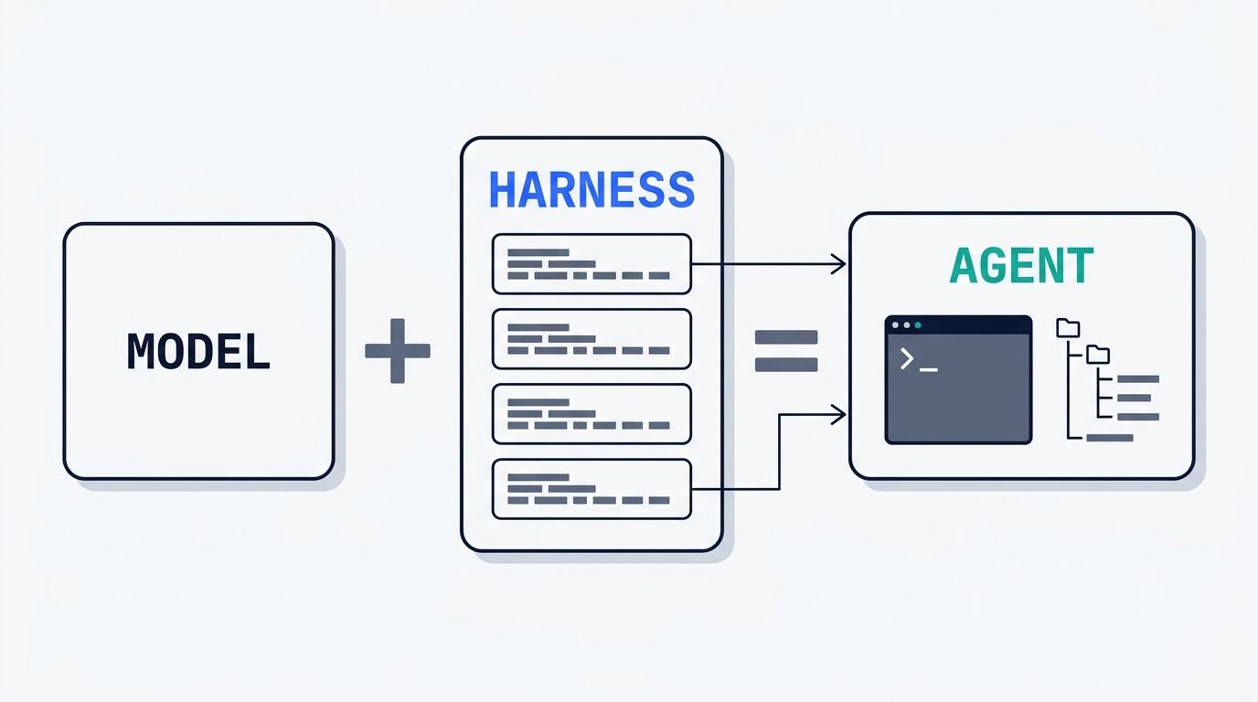 Architecture diagram: a model box plus a harness box of stacked capabilities equals a working agent with a terminal and file tree