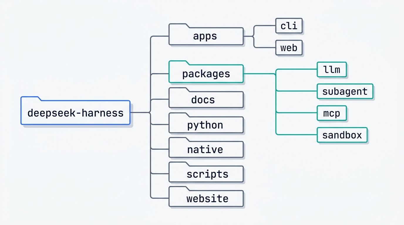 Tree diagram of the deepseek-harness monorepo showing apps, packages, docs, python, native, scripts and website