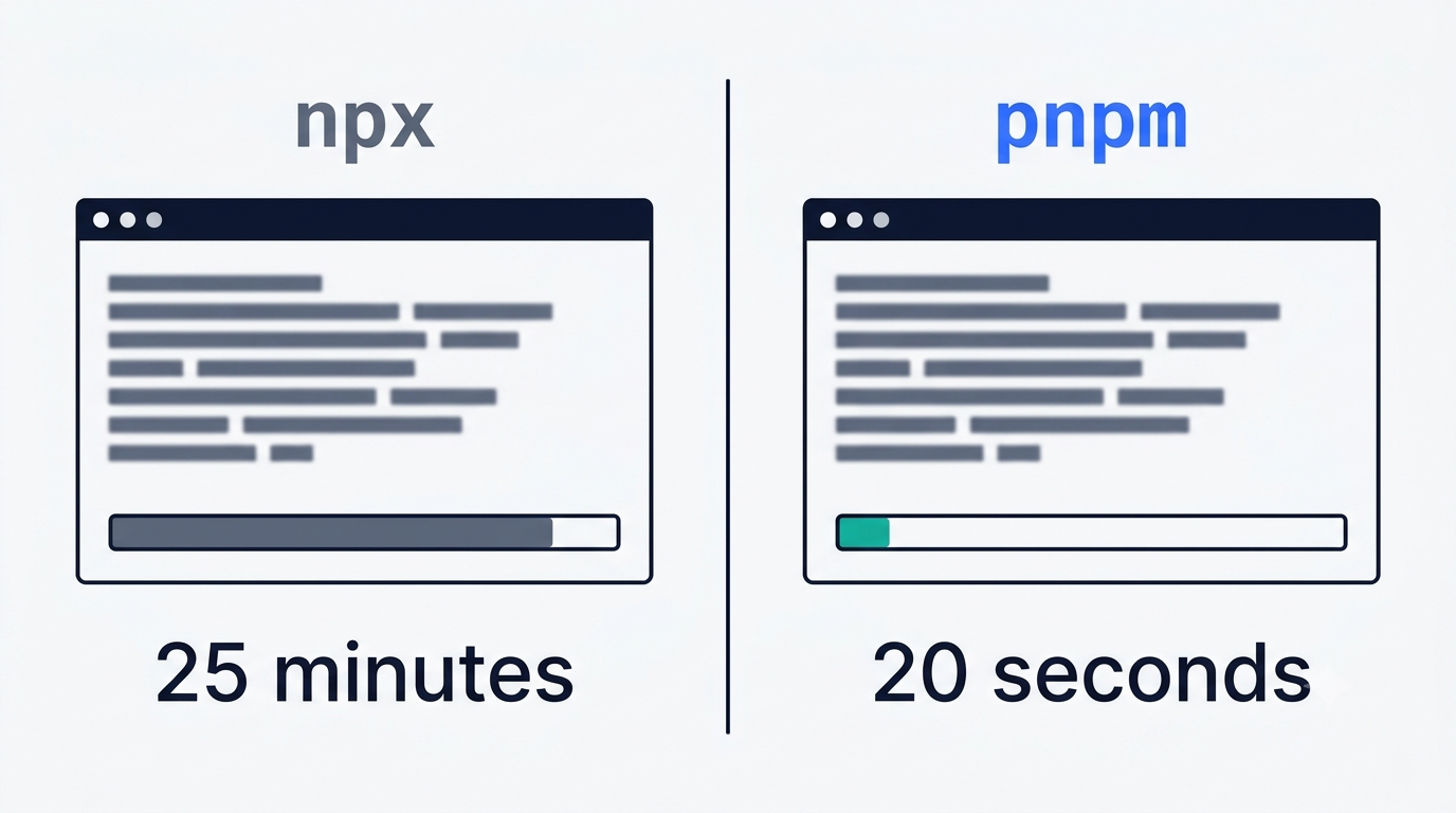 Comparison of npx and pnpm install time for DeepSeek Harness on Windows: 25 minutes versus 20 seconds