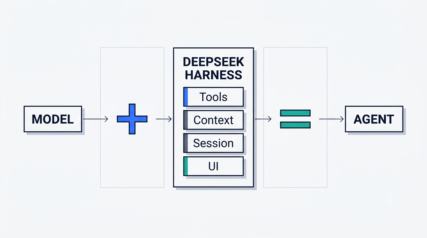 Diagram of the formula Agent equals Model plus Harness, with Tools, Context, Session and UI inside the harness box