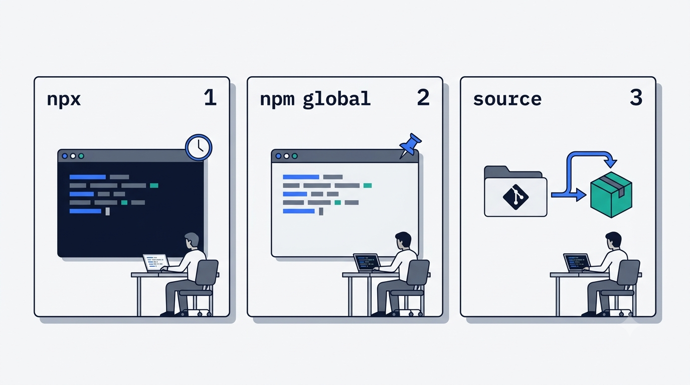 Three panels comparing the npx, global npm and source install routes