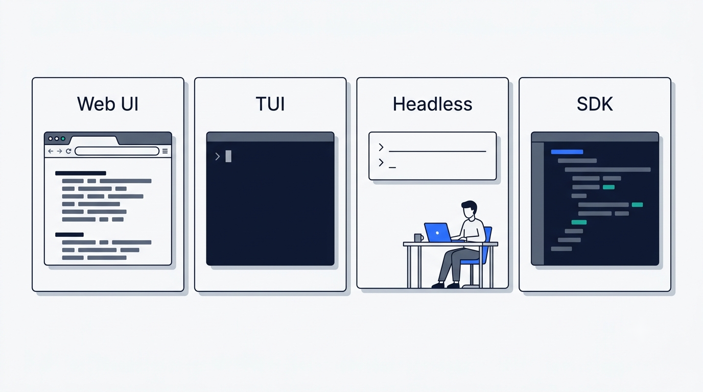Four panels comparing Web UI, TUI, headless and SDK ways of running dsh