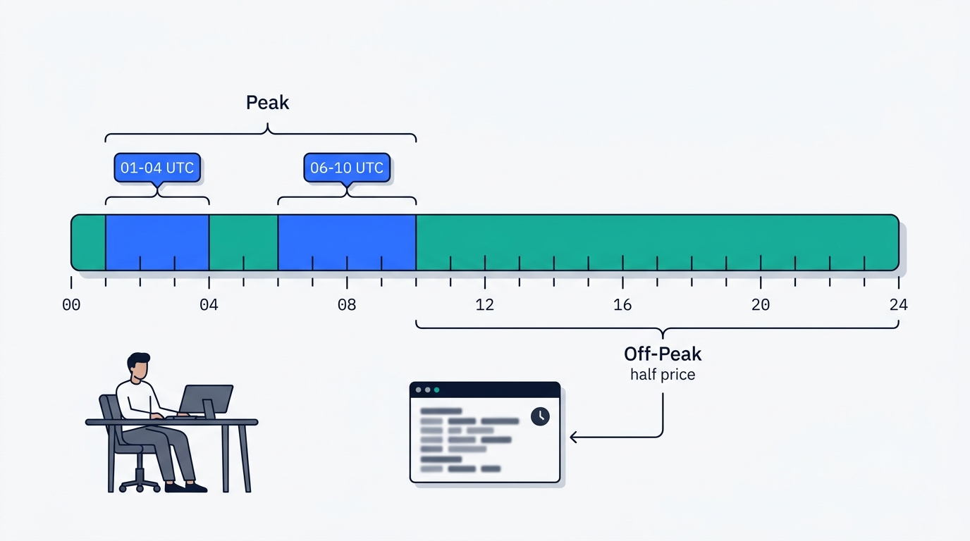 A 24-hour UTC timeline marking peak windows at 01:00-04:00 and 06:00-10:00, with the rest of the day off-peak