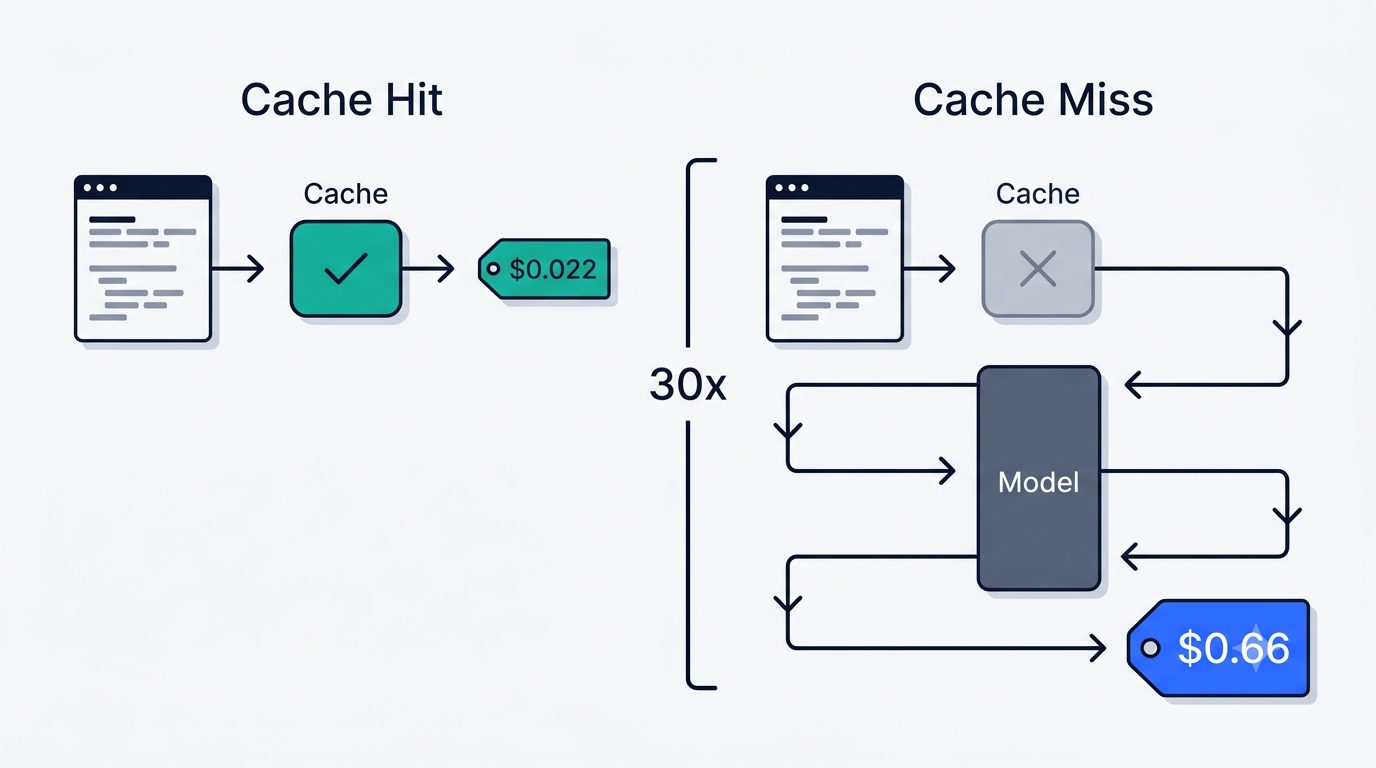 Two request paths compared: a short cache-hit route priced at $0.022 against a long cache-miss route priced at $0.66