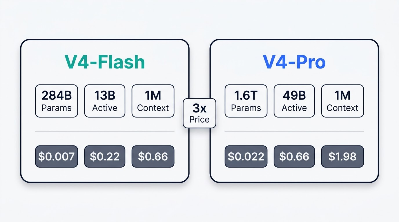Comparison cards for V4-Flash at 284B parameters and V4-Pro at 1.6T parameters with their per-million-token prices
