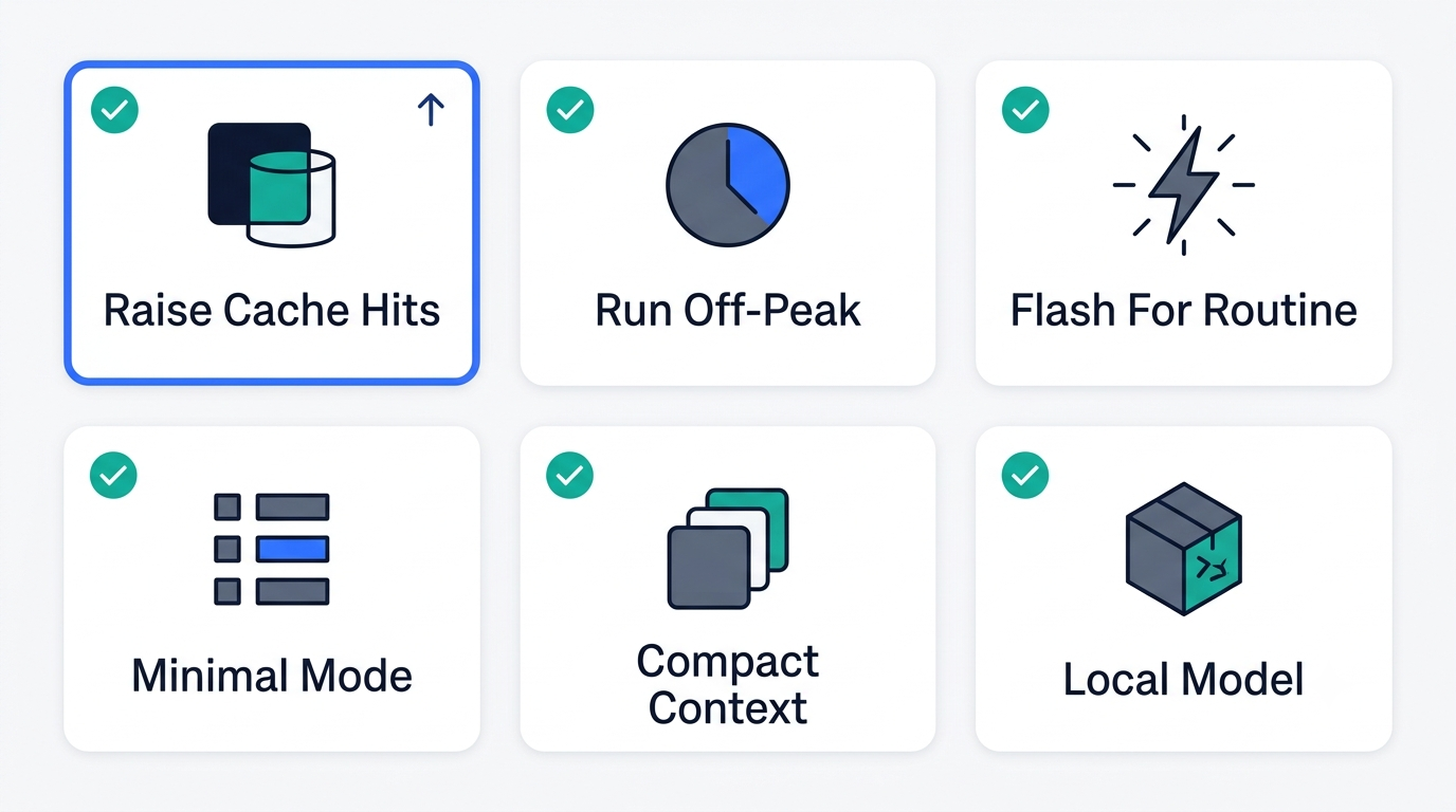 Six-card checklist of cost levers: cache hits, off-peak runs, Flash for routine, minimal mode, compact context, local model