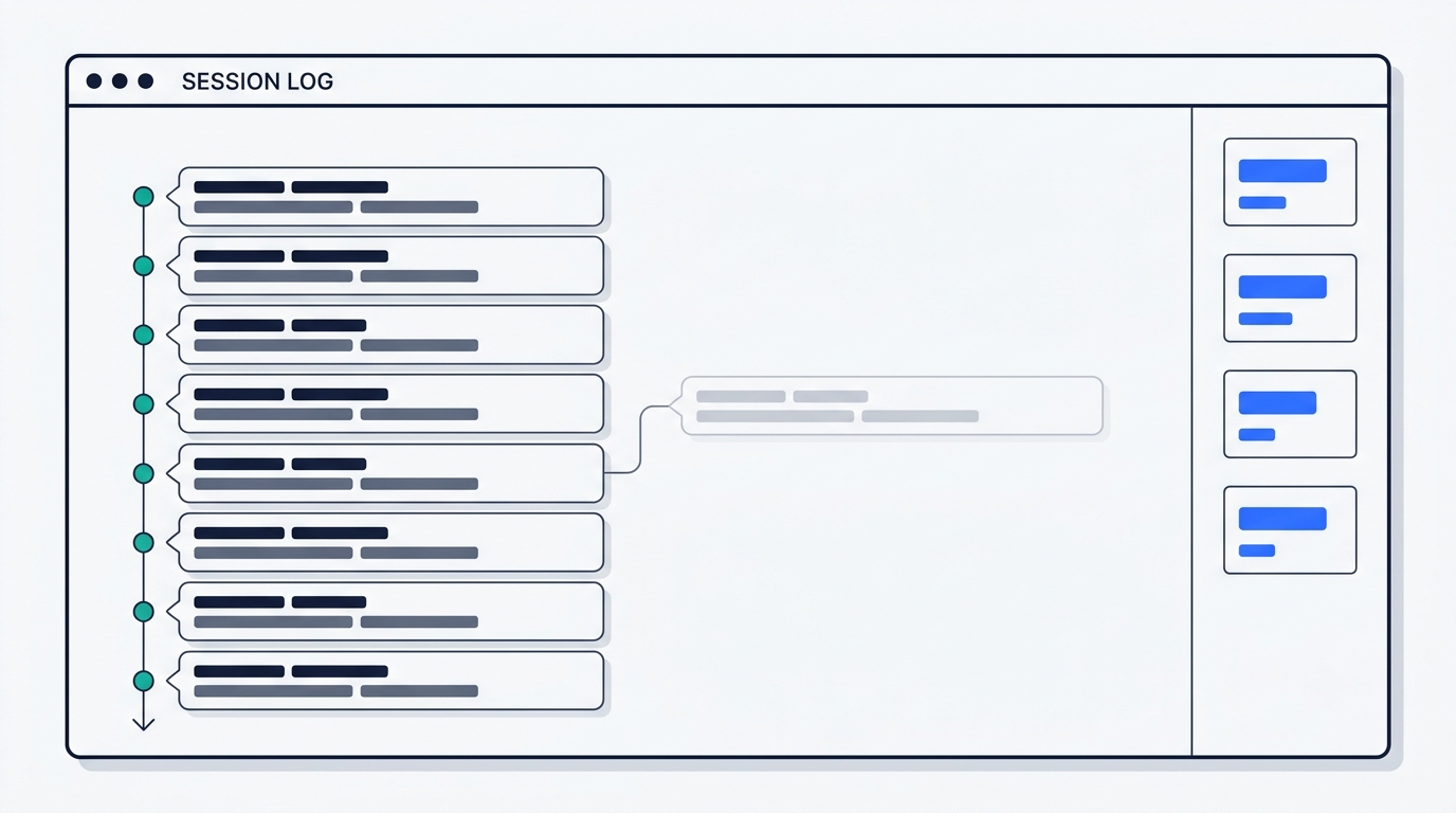 Interface diagram of an append-only session log: a growing rail of entries with a branch forking off one of them, and live statistics tiles in a sidebar