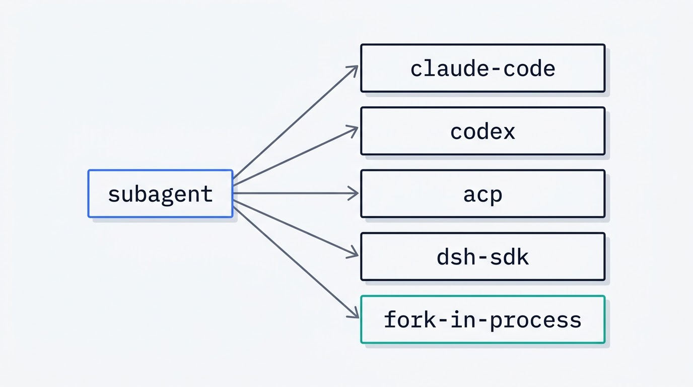Five subagent packages in DeepSeek Harness: claude-code, codex, acp, dsh-sdk and fork-in-process