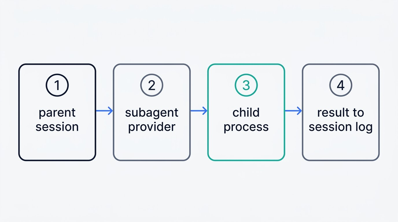 Four-step delegation flow in dsh: parent session, subagent provider, child process, result written to the session log