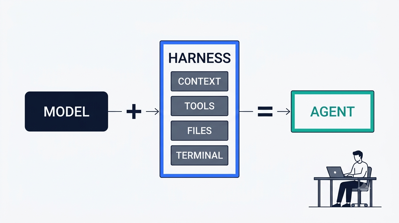Diagram of the DeepSeek formula: a model box plus a harness layer holding context, tools, files and terminal equals an agent