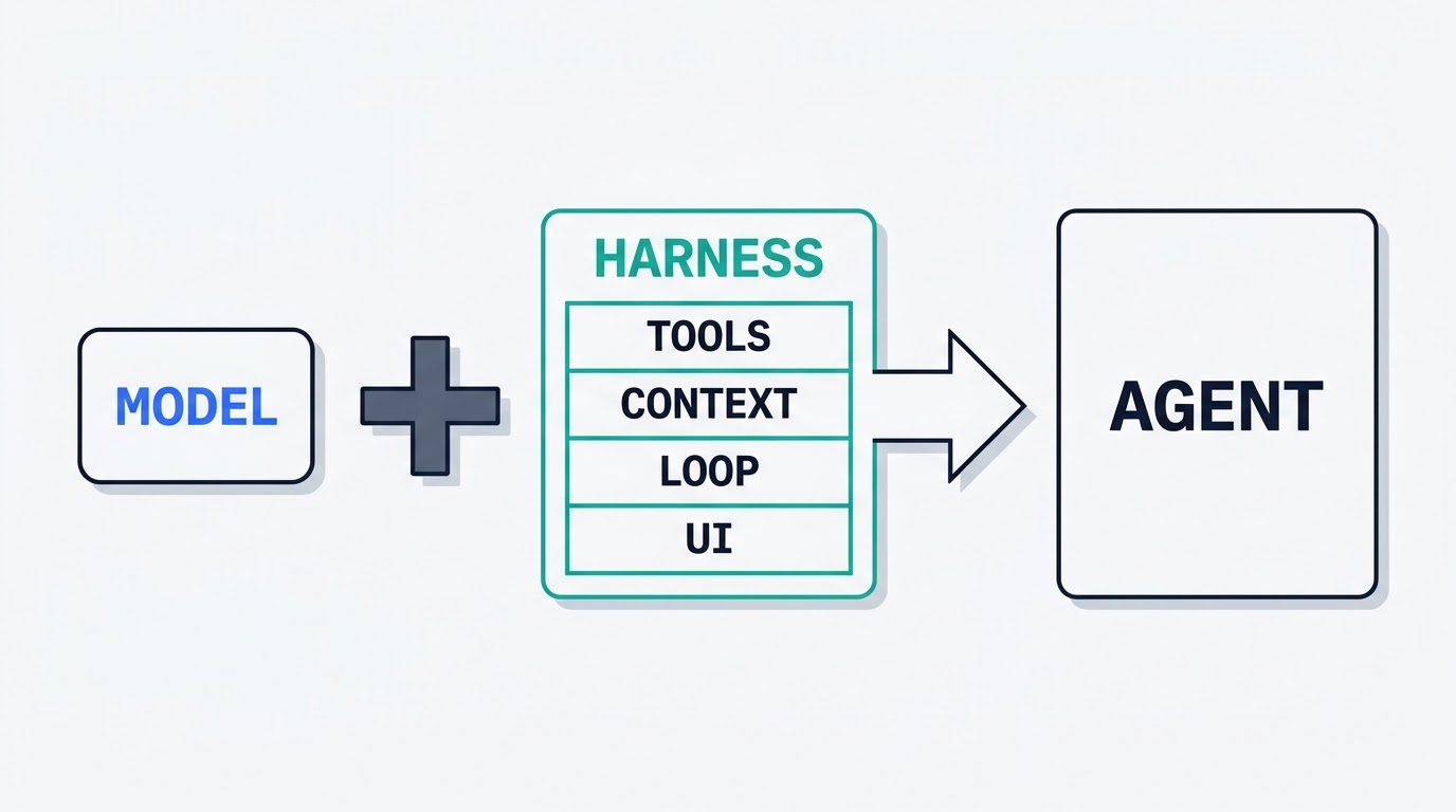 Diagram of the DeepSeek formula: model plus harness layer with tools, context, loop and UI equals a working agent