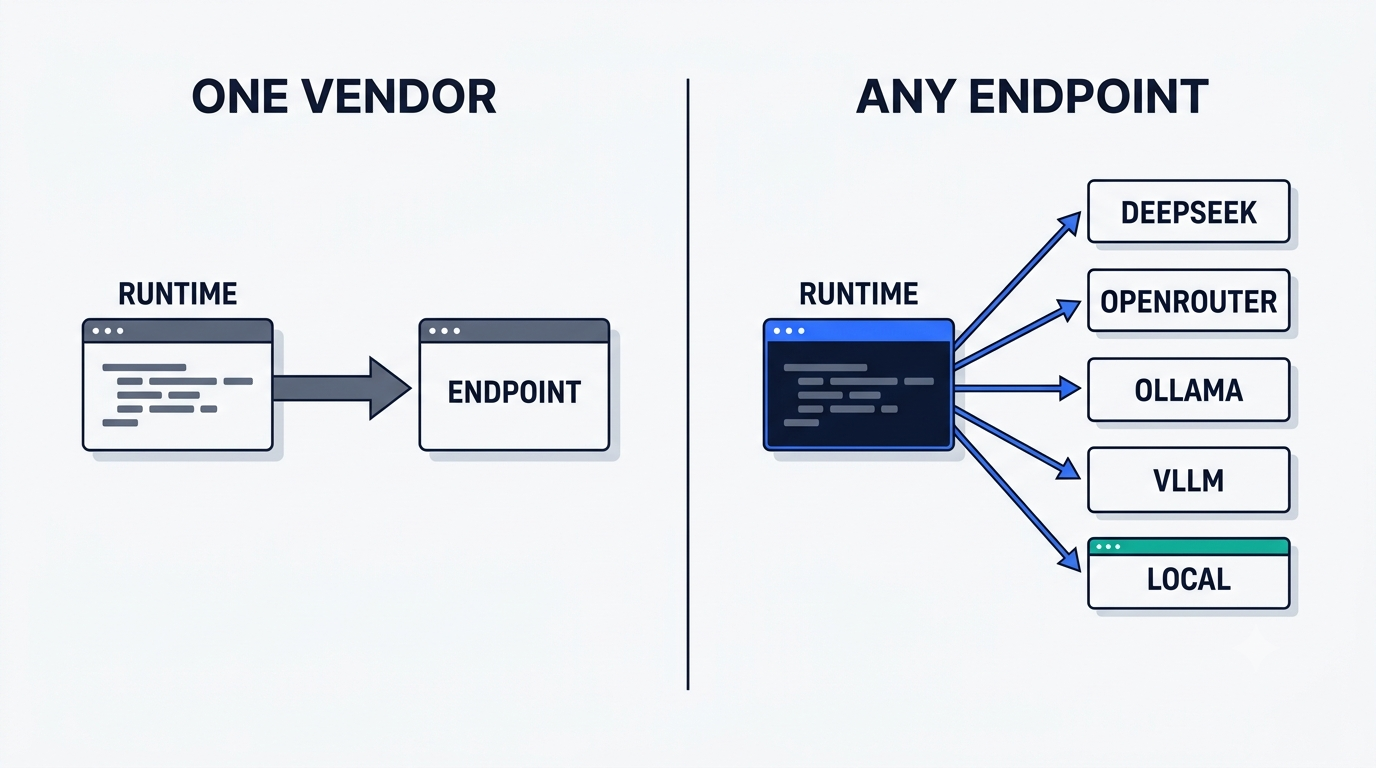 Split diagram: one runtime bound to a single vendor endpoint versus one runtime fanning out to DeepSeek, OpenRouter, Ollama, vLLM and local models