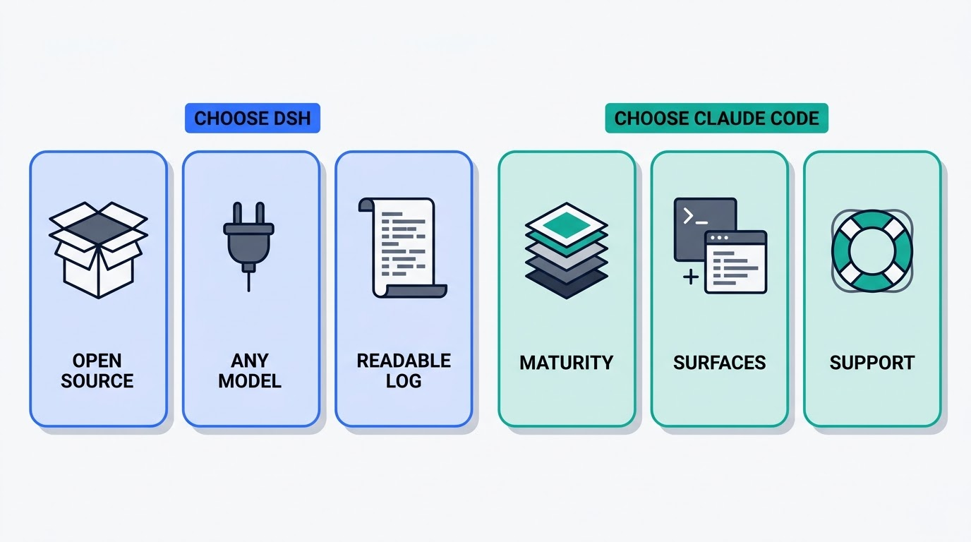 Checklist of six cards weighing open source, any model and a readable log against maturity, surfaces and support