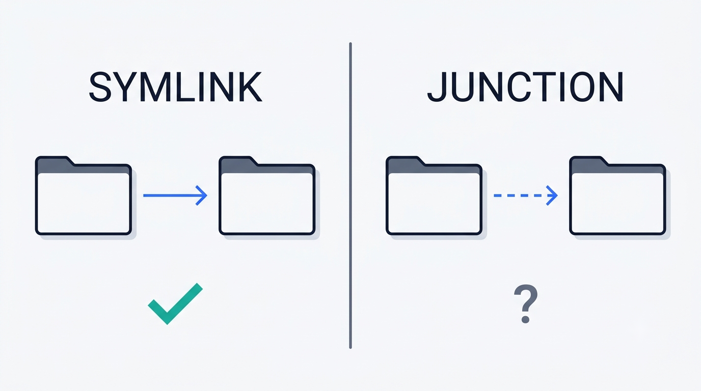 Comparison of a Windows symlink and a junction: both link two folders, but only the symlink is recognised by isSymbolicLink