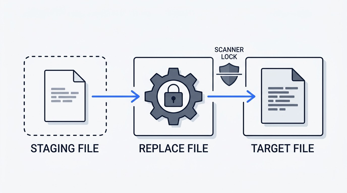 Sequence diagram of an atomic file write on Windows: staging file, replace step, target file, with an antivirus scanner lock blocking the replace