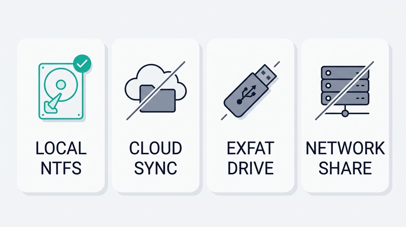 Four storage volume cards: local NTFS drive marked as suitable, cloud-synced folder, exFAT drive and network share each crossed out